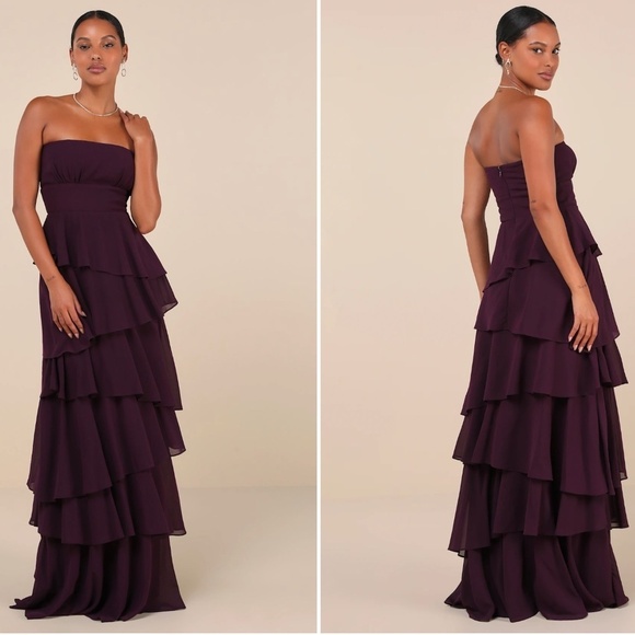 LULUS Sexy Elegant FLowtProm Wedding Bridesmaid Tiered Ruffles Black Maxi Dress - Picture 4 of 4